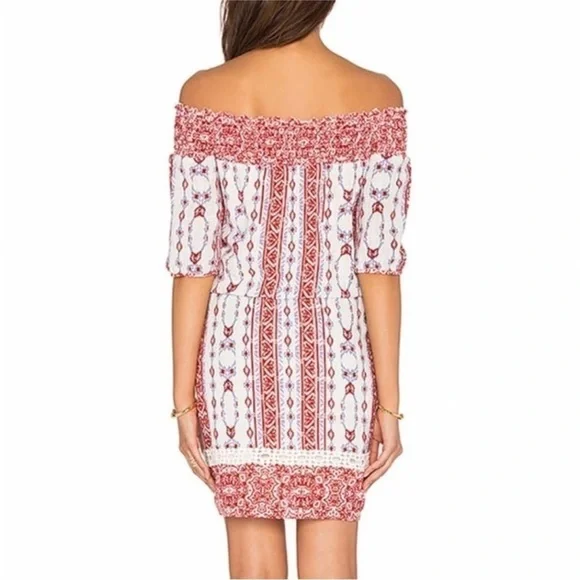 Saylor x Revolve Blossom Off The Shoulder Boho Printed Mini Dress in White Red S - Picture 4 of 15